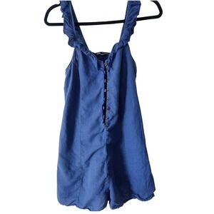Zara Blue Ruffle Button Front Linen Blend Romper Sleeveless Womens Size Medium